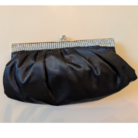 La Sera by Franchi Handbags - La Sera by Franchi Black Satin Rhinestone Clutch Evening Bag Kiss Lock Party